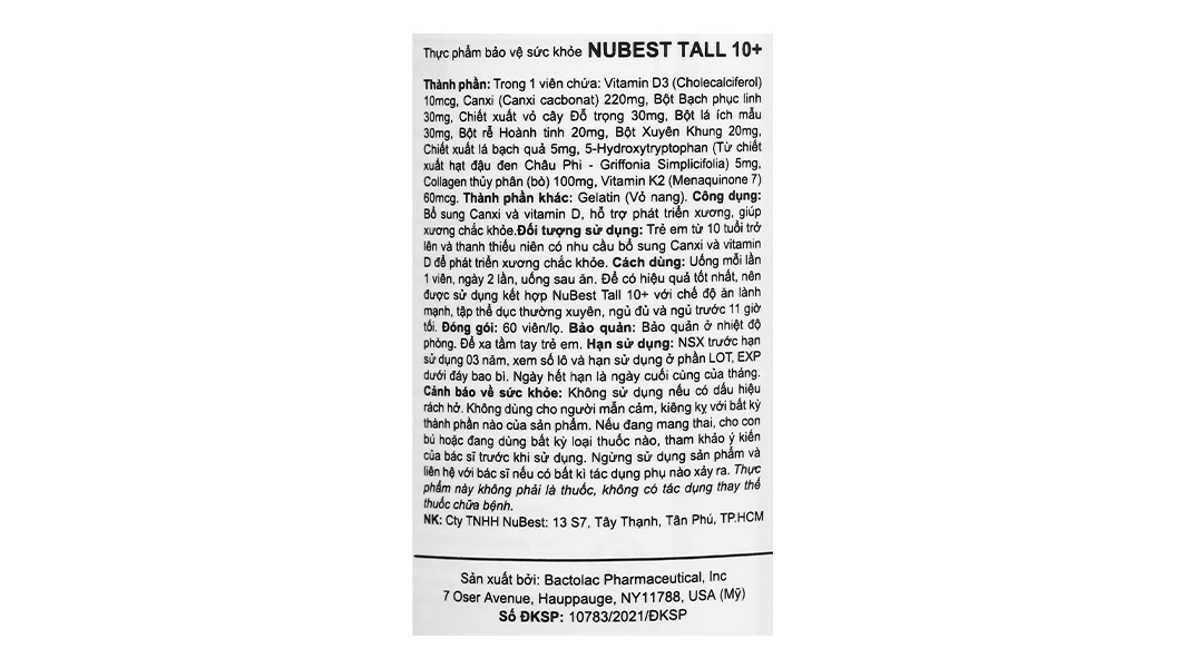 Nubest Tall 10+ bổ sung Canxi và vitamin D, hỗ trợ phát triển xương chắc khỏe hộp 60 viên - 5